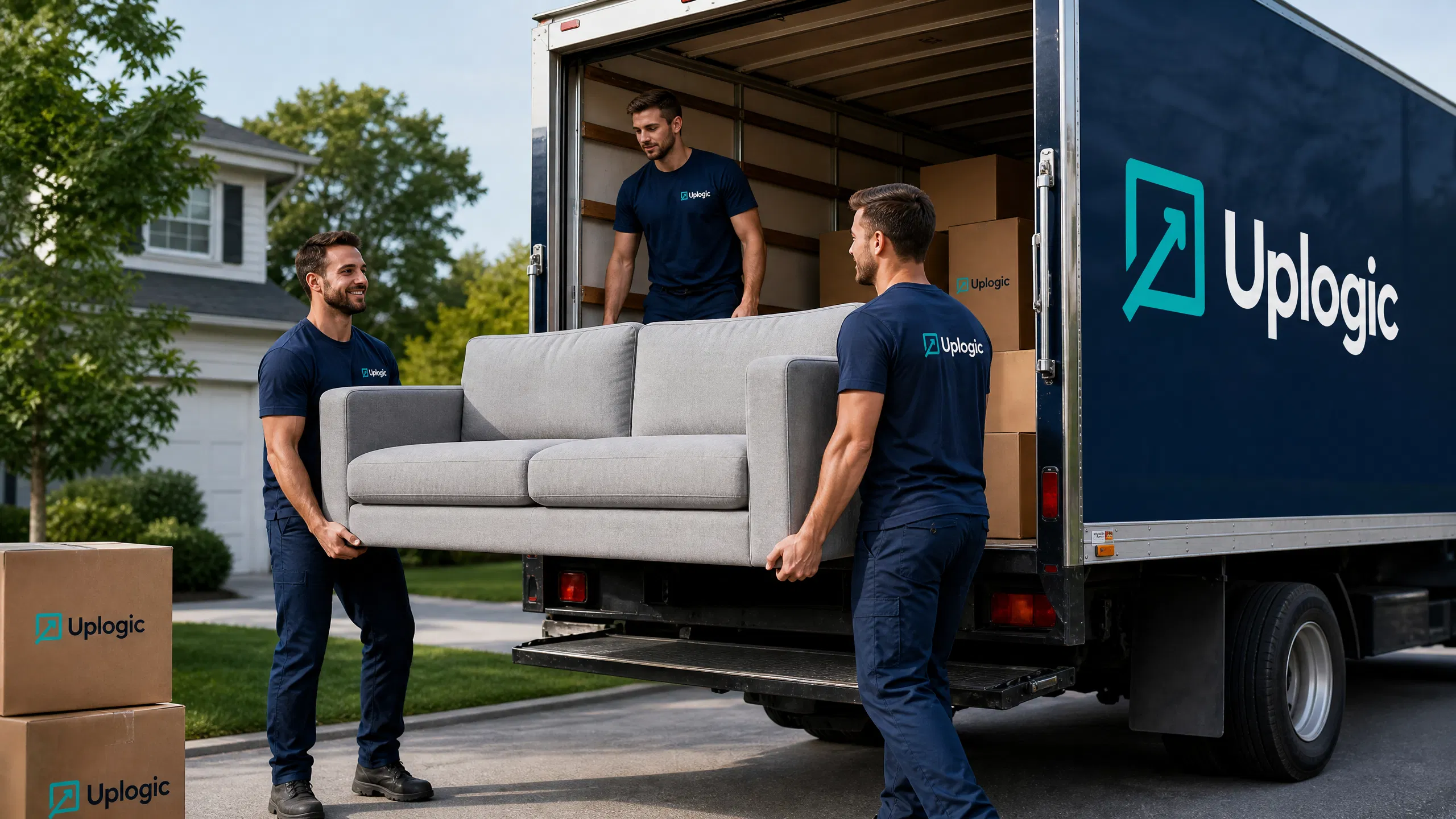 Equipo de mudanzas UPLOGIC cargando muebles en Madrid